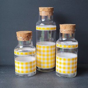 Vintage Libbey Calico Yellow Gingham Check Glass Canister with Cork Lids Set of